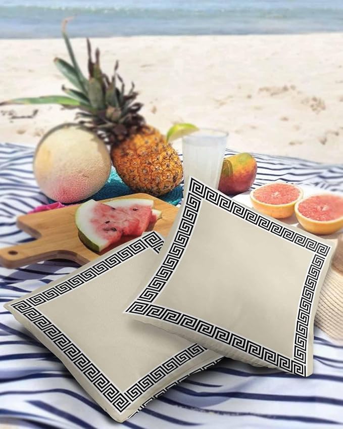 Prime Leader Outdoor Waterproof Pillow Covers Set of 2, Chinese Style Pattern Khaki Background Patio Throw Pillow Covers, Decorative Cushion Case for Couch Sofa Furniture Garden, 24x24 Inch
