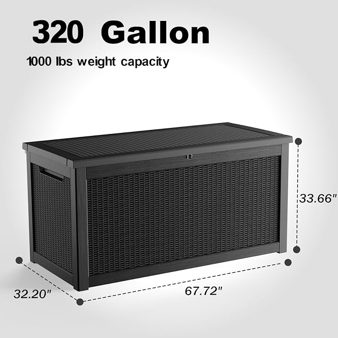 PatioZen 320 Gallon Large Resin Deck Box, Lockable Outdoor Storage Box for Patio Cushions Storage Furniture,Garden Tools, Pool Supplies, Weatherproof and UV Resistant (Black)