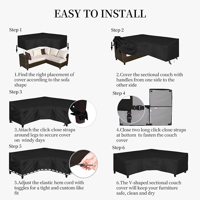 Easy-Going 600D Patio V-Shaped Sectional Sofa Cover, Heavy Duty Outdoor Sectional Cover, Waterproof Furniture Cover with Air Vent 85" L (on Each Side) x 33.5" D x 31" H, Black