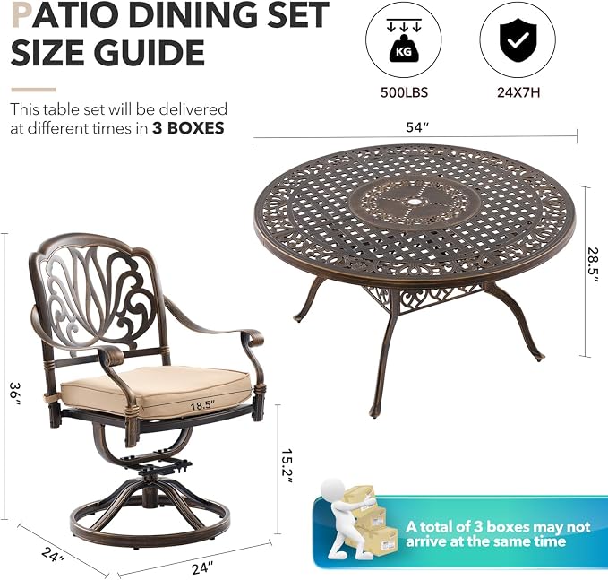 Outdoor Dining Set Cast Aluminum Retro Patio Dining Set with Thicker Cushion and Umbrella Hole for Patio Deck (Bronze Swivel Chair(Elizabeth), 5 Pcs(54" Round Table))