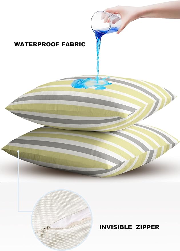 Outdoor Waterproof Pillow Covers for Patio Furniture Yellow Grey Stripes Decorative Throw Pillow Cover Farmhouse Stripe Gray Pillowcases Set of 2 Cushion Case for Sofa Couch Chair 20x20 in