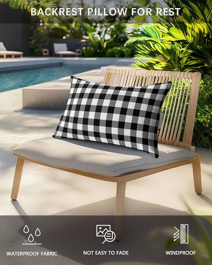 Pack of 2 Outdoor Lumbar Pillow Covers 11x16 Inch, Black White Plaid Waterproof Throw Pillow Covers Set, Gradient Geometric Buffalo Checkered Indoor&Outdoor Cushion Cases for Patio Porch Beach
