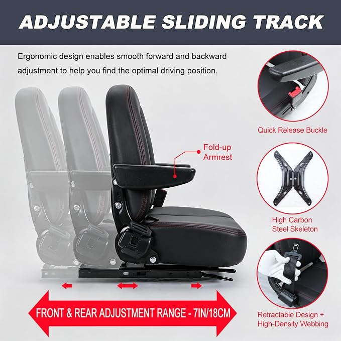 Universal Forklift Seat Replacement,Zero Turn Mower Tractor Seat with Micro Switch-Armrest & Safety Belt,Waterproof PU Leather Seat Fit for Ariens,Snapper,Lawn Mower,Skid Loader,Excavator