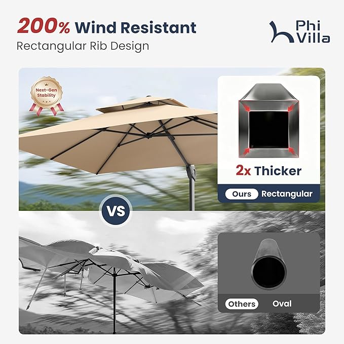 PHI VILLA 9’ x 12’ Cantilever Patio Umbrella with Base, Outdoor Rectangular Heavy Duty Large Umbrella with Hydraulic Lift and 360° Rotation, Beige