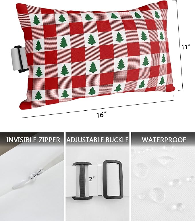 Outdoor Pillows Covers with Inserts Christmas Tree Red Buffalo Plaid Waterproof Recliner Pillow with Adjustable Strap Throw Pillows for Patio Furniture Pool Lounge Chair, 11x16 inch, 2PCS