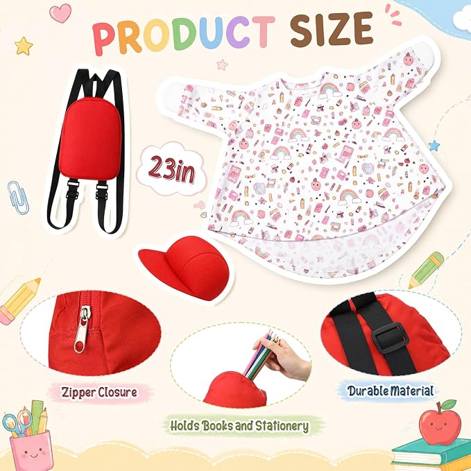 Back to School Porch Goose Outfit with Red Cap, Backpack and Pencil for 23" Gooses Statue, First Day of School Lawn Decor, Cute Rainbow Goose Costume for Patio Yard Garden Outdoor
