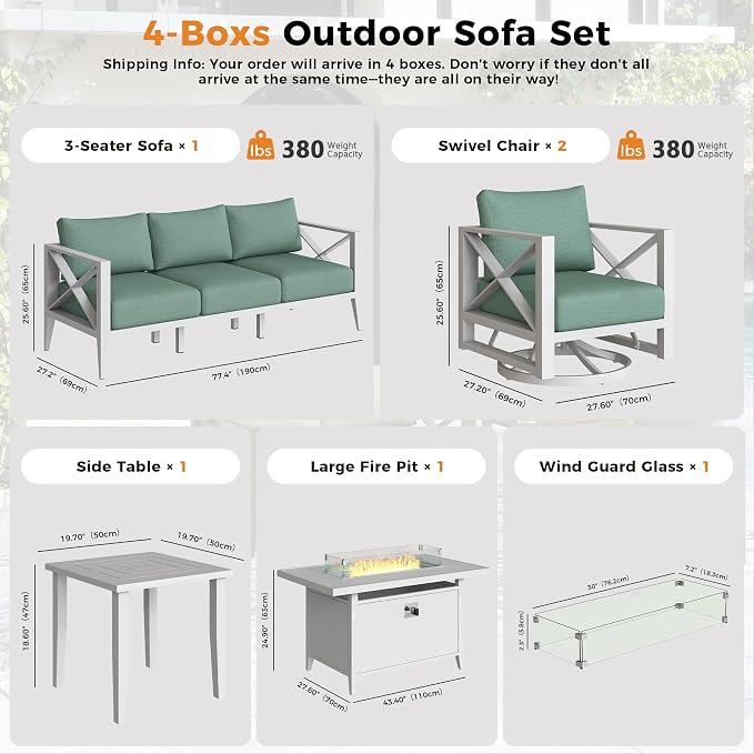Aluminum Outdoor Patio Furniture Set with 43" Fire Pit Table, 7-Piece Outdoor Sectional with 5.2" Thick Cushions, Patio Conversation Sets for Backyard,(White,5 Seats)