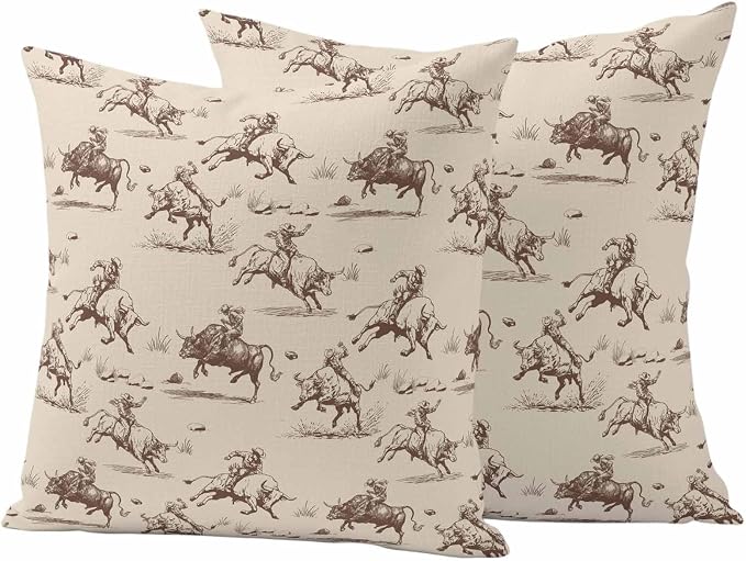 Western Cowboys Outdoor Pillow Covers Waterproof, All Weather Cushion Case Set of 2, Vintage Farmhouse Cow Nature Scenery Decorative Pillowcases for Sofa Couch Bed Decor Patio Furniture 20"x20"