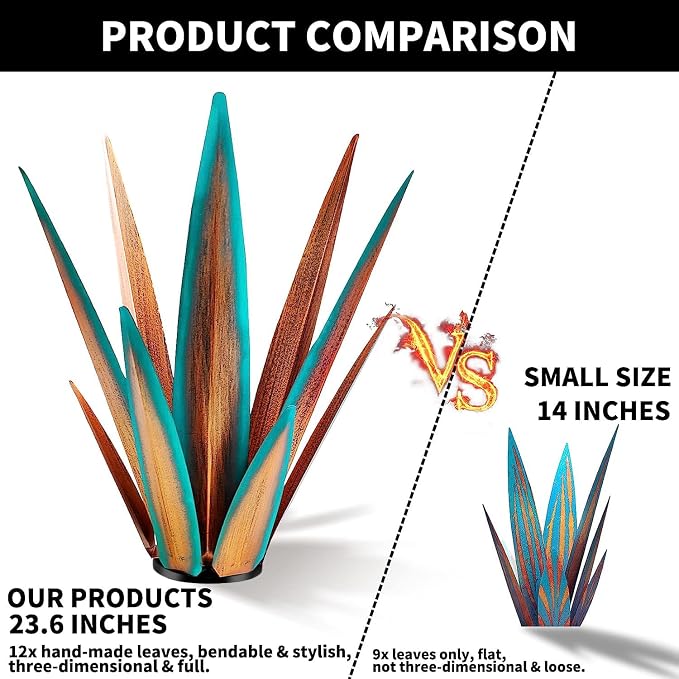 KODIBO 24" Metal Agave Plant Outdoor Decor, Large Garden Sculpture, Blue | Rust-Resistant Finish, Hand-Painted Metal, Tequila Rustic Sculpture, Desert Steel Yard Art, Southwestern Outdoor Garden Decor