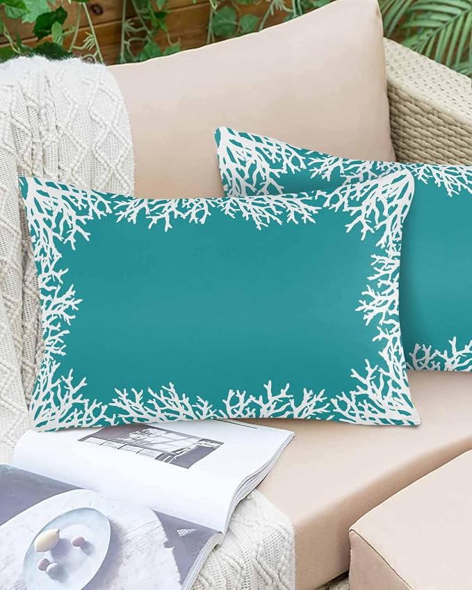 Vandarllin Outdoor Throw Pillows Covers 20x12 inch Set of 2 Waterproof Turquoise Coral Decorative Zippered Cushion Covers for Patio Furniture, Coastal Marine Life Lumbar Pillowcases