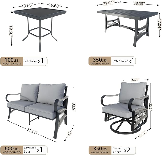 5 Pieces Patio Conversation Sets, All Weather Metal Outdoor Furniture Set Includes 2 Swivel Rockers with Side Table and Loveseat with Coffee Table for Backyard Garden Deck Porch Poolside, Gray