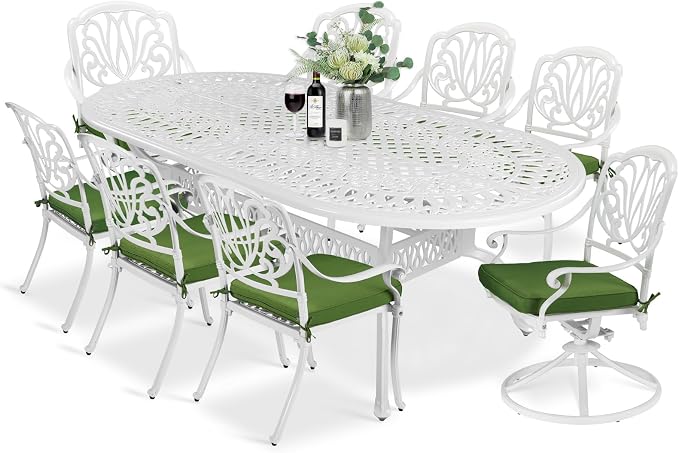 MEETWARM 9-Piece Outdoor Patio Dining Set, All-Weather Cast Aluminum Patio Conversation Set with 2 Swivel Rocker Chairs, 6 Stationary, 1 Oval Table, 8 Cushions, 2" Umbrella Hole, White
