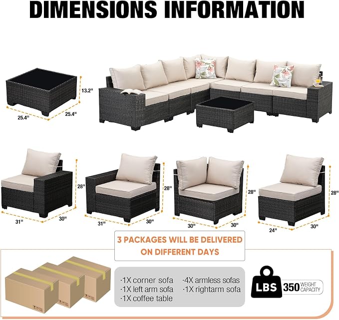 8 Pieces Patio Furniture Set,Wicker PE Rattan Outdoor Sectional with Cushion & Coffee Table, Patio Conversation Sofa for Garden, Backyard, Poolside, Beige