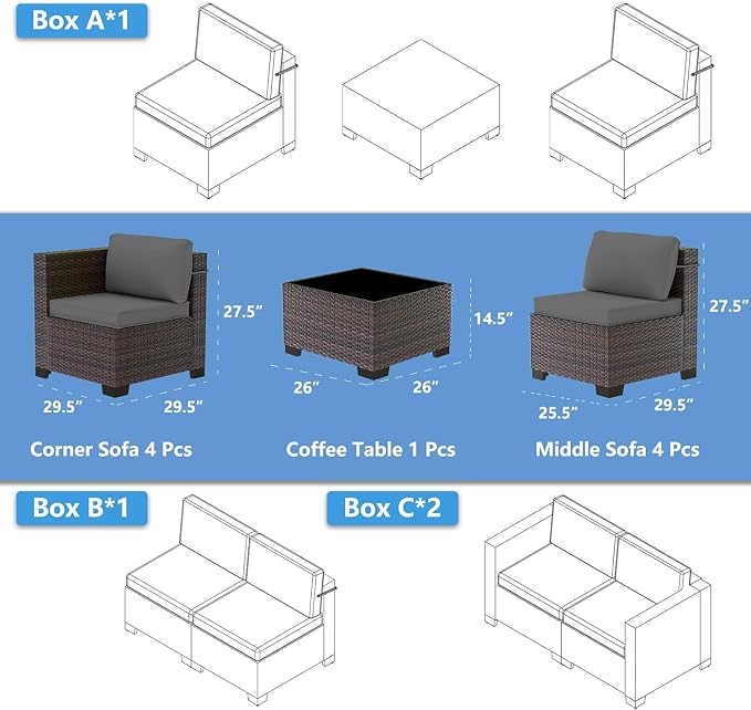 Outdoor Patio Furniture Set, 9 Pieces Outdoor Sectional Furniture Patio Set, All-Weather PE Rattan Patio Conversation Set with Tempered Glass Top Table & Cushions-Grey