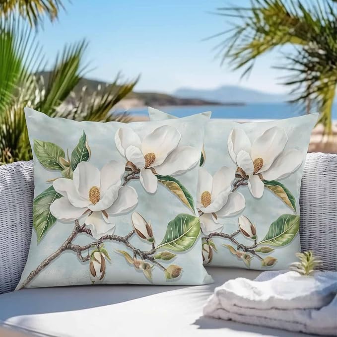 Waterproof Pillow Covers for Couch Throw Pillow Cases Set of 2, Farmhouse White Magnolia Flower Decorative Cushion Pillow Covers 18x18In,Indoor Outdoor Decoration Abstract Floral Oil Painting Texture
