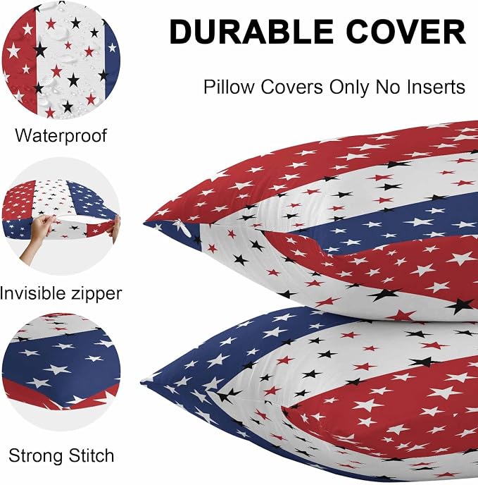 Vandarllin Outdoor Throw Pillows Covers 24X24 Set of 2 Waterproof July 4th Decorative Zippered Cushion Covers for Patio Furniture, Red White Blue Lumbar Pillowcases Independence Day Americana Stars