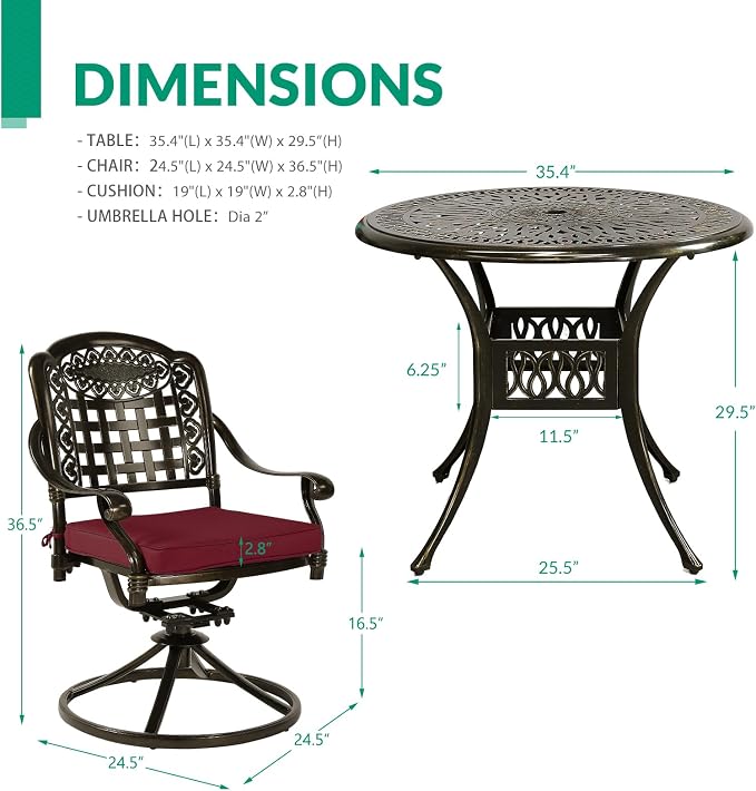 VIVIJASON 3-Piece Patio Bistro Set, Outdoor All-Weather Cast Aluminum Furniture Dining Set, Include 2 Swivel Chairs and 34.5" Round Table w/Umbrella Hole for Balcony, Lawn, Garden (Red Cushion)