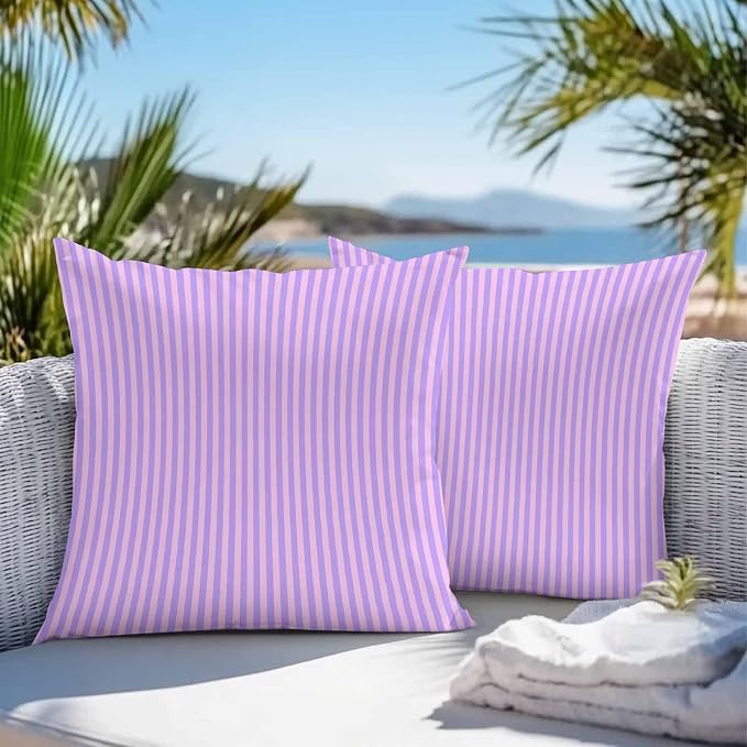 Throw Pillow Covers 16x16 Inch Set of 2, Purple Pink Waterproof Outdoor Cushion Covers, Geometric Vertical Striped Solid Rainbow Decorative Pillowcases for Couch, Sofa, Bed, Garden, Patio