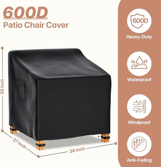Likorlove Patio Chair Covers Waterproof – 36" W x 37" D x 36" H, Heavy Duty 600D Outdoor Furniture Covers for Lounge Deep Seat Chairs, Windproof with Buckles & Air Vent, Black (2 Pack)