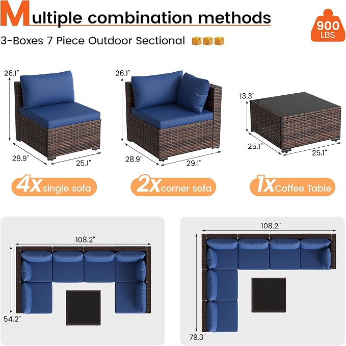 8 Piece Patio Furniture Set with 44" Fire Pit Table, Outdoor Sectional Wicker Rattan Sofa Set with Coffee Table (Navy Blue/Brown)