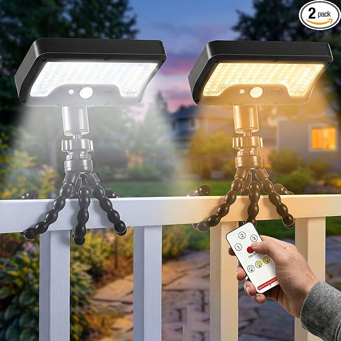 Motion Sensor Solar Lights Outdoor with Octopus Tripod, 360° Rotatable 600LM 92 LED Fence Light with Remote Control, 3 Color Modes, IP65 Waterproof Security Light for Deck Fence Camping (2 Pack)