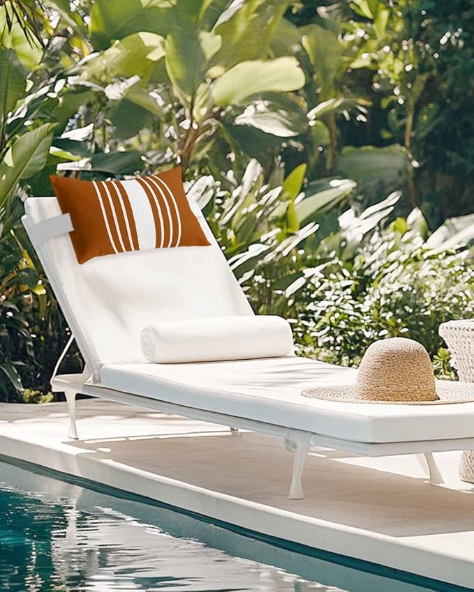 Chaise Lounge Chair Pillow with Strap & Insert Burnt Orange Vertical Stripes Outdoor Recliner Head Pillow Pack of 2 Classic Striped Waterproof Headrest Patio Lumbar Pillow for Beach Office Chair 12x20