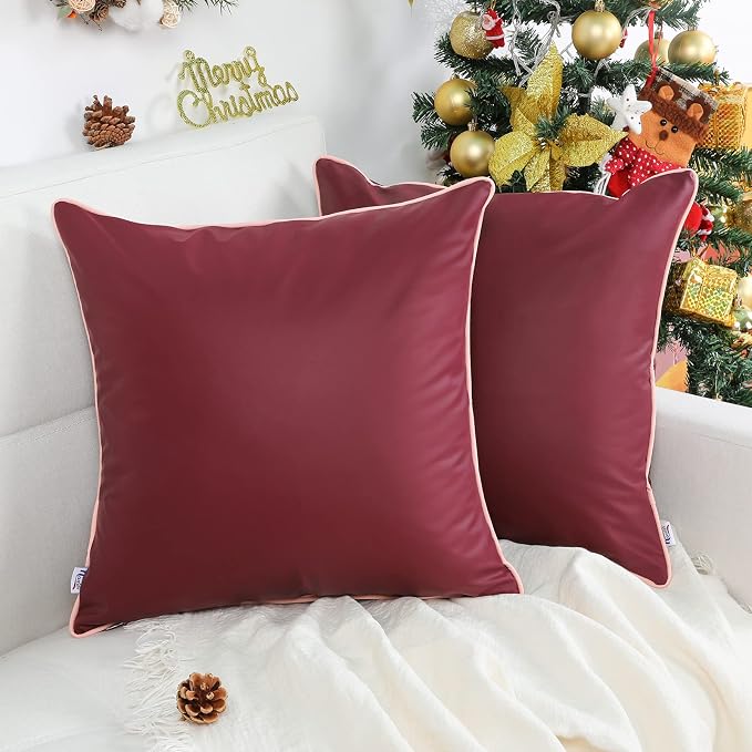 Pack of 2 Silicone Leather Outdoor Waterproof Pillow Covers 18x18 Inch Burgundy Outdoor Decorative UV Fade Resistant Pillows Cushion Case for Couch Patio Tent Sunbrella
