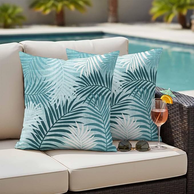 Outdoor Waterproof Throw Pillow Covers, Teal Palm Leaves Decorative Pillow Cases, Summer Botanical Tropical Leaf Couch Pillow Protector Patio Sofa Cushion Covers Replacement 20"x20" 2 Pack