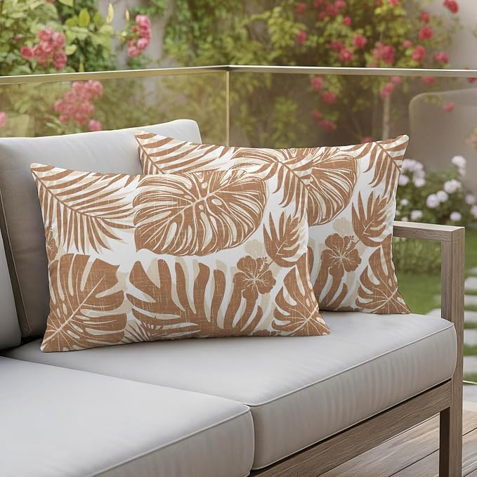 Brown Palm Leaves Outdoor Pillow Covers 20"x12" Set of 2, Tropical Botanical Minimalist Modern Waterproof Throw Pillow Covers for Patio Furniture, Decorative Cushion Covers for Porch