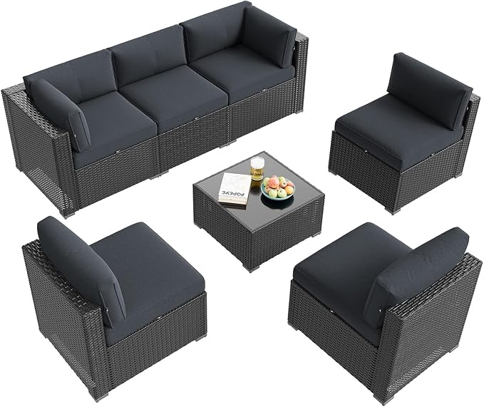 Aoxun Patio Furniture Set, 7 Piece Outdoor Sectional Sofas with Think Cushions, Wicker Rattan Outdoor Furniture Patio Conversation Set for Backyard, Garden Dark Grey