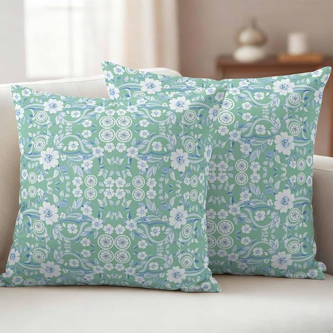 Light Green Blue Floral Outdoor Pillow Covers 18x18 Inch Throw Pillow Covers Set of 2 Waterproof Decorative Pillow Cases Vintage Pastoral Botanical Cushion Covers for Patio Furniture Garden Couch Sofa