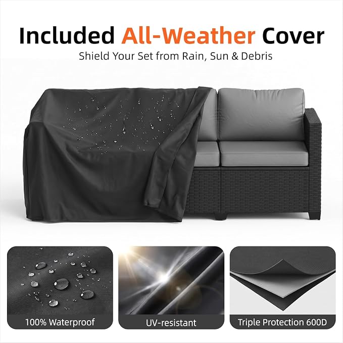 LazySunsets 7-Piece Outdoor Patio Furniture Set, Rattan Outdoor Sectional with Thick Waterproof Cushions, Wicker Ottomans & Waterproof Cover, Patio Conversation Set for Garden, Backyard,Grey