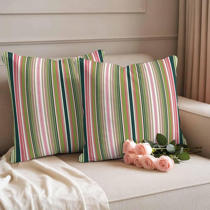 Outdoor Waterproof Throw Pillow Covers Set of 2 Sage Green Striped Pillowcases 20x20 Inches Geometric Pink Stripes Decorative Pillows Cushion Case Patio Pillows for Couch Bed Chair Garden