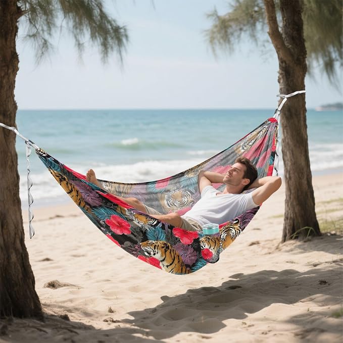 Camping Hammock Outdoor Hammocks for Outside Tiger Hibiscus Flower Beach Trees Portable Lightweight with Pockets Tree Straps Indoor