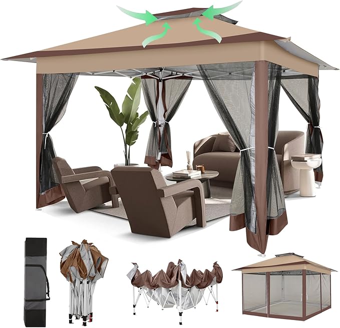 COBIZI 12x12 Pop Up Gazebos On Clearance - Upgrade Easy Up Metal Outdoor Gazebo Waterproof - Portable Gazebo with Mosquito Nettings, 4 Ropes 8 Stakes and Carry Bag for Patio Garden(Coffee)