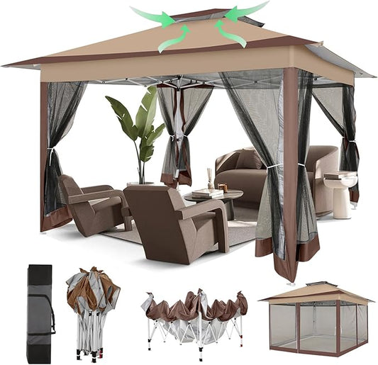 COBIZI 12x12 Pop Up Gazebos On Clearance - Upgrade Easy Up Metal Outdoor Gazebo Waterproof - Portable Gazebo with Mosquito Nettings, 4 Ropes 8 Stakes and Carry Bag for Patio Garden(Coffee)