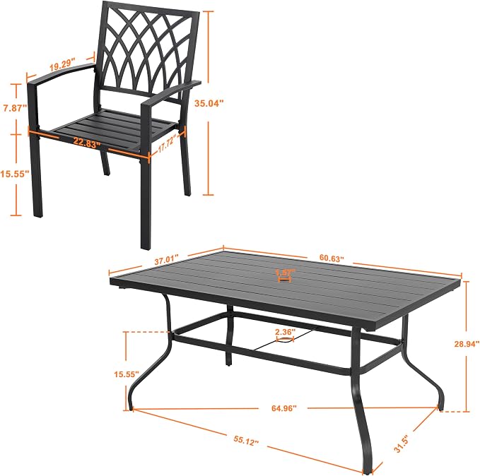 NUU GARDEN 7 Piece Outdoor Dining Set, 61” Rectangular Metal Dining Table with Umbrella Hole, Stackable Dining Chairs for Backyard, Deck, Yard, Garden, Black