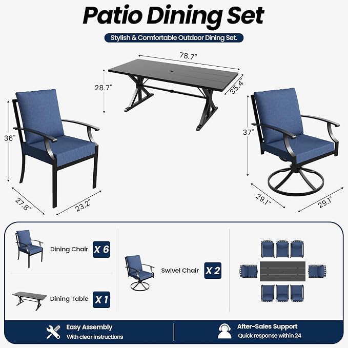 9 Piece Outdoor Dining Set for 8, Metal Patio Table and Chairs with Cushions, Patio Furniture Set with 2 Swivel Chairs, Rectangular Metal Dining Table with Umbrella Hole, Lawn Deck Yard-Navy