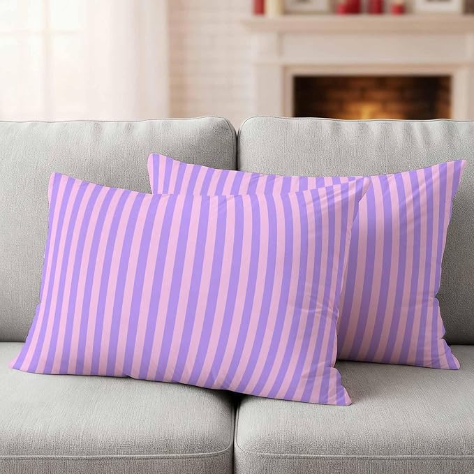 Lumbar Pillow Covers 20x12 Inch Set of 2, Purple Pink Waterproof Outdoor Cushion Covers, Geometric Vertical Striped Solid Rainbow Decorative Pillowcases for Couch, Sofa, Bed, Garden, Patio
