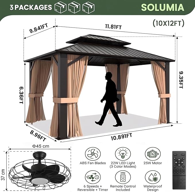 10’x12’ Hardtop Gazebo with Fan, Galvanized Steel Double Roof Canopy with Aluminum Frame, Outdoor Pavilion with Nettings and Curtains