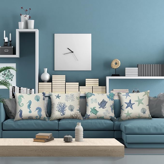 Waterproof Coastal Throw Pillow Covers 18x18 inch Set of 4 Starfish Seahorse Outdoor Pillow Cases Blue Sea Coral Decorative Cushion Covers for Patio Sofa Chair