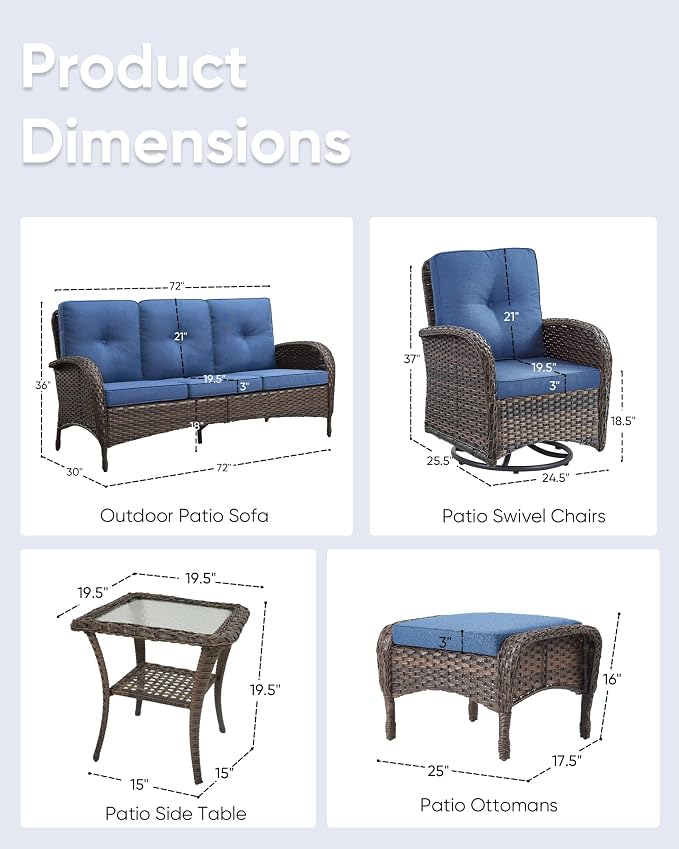 6 Pieces Furniture-Patio Swivel Rocker Chairs Set of 2 3-Seater Wicker Couch with Outdoor Ottoman Outdoor Patio Furniture Set for Deck Porch Garden Balcony Poolside-Brown/Blue