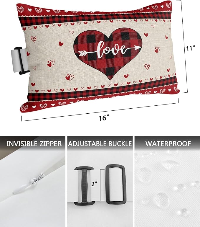 Outdoor Pillows Covers with Inserts Love Heart Black and Red Buffalo Plaid Waterproof Recliner Pillow with Adjustable Strap Throw Pillows for Patio Furniture Pool Lounge Chair, 11x16 inch, 1PCS