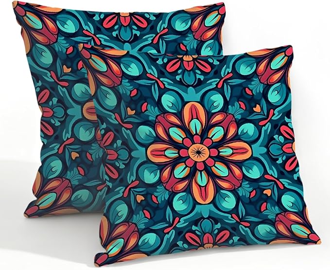 22x22 Inch Outdoor Pillow Covers Set of 2 Waterproof Throw Pillow Covers Decorative Couch Cushion Covers Boho Mandala Floral Square Pillowcases Protectors for Patio Garden Sofa