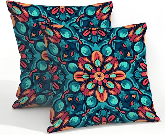 22x22 Inch Outdoor Pillow Covers Set of 2 Waterproof Throw Pillow Covers Decorative Couch Cushion Covers Boho Mandala Floral Square Pillowcases Protectors for Patio Garden Sofa