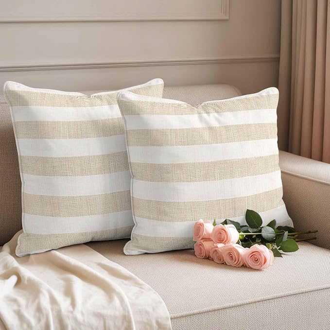 Waterproof Pillow Covers Set of 2,Vintage Yellow Stripe on Linen Outdoor Pillow Protectors with Zipper Pillowcases for Patio Tent Garden Beach 20x20 Inches Farmhouse Line