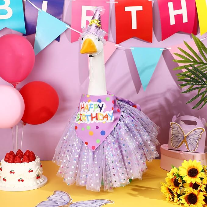 3 Pcs Porch Goose Birthday Outfit Girl Cement Goose Clothes,Purple | 23 Inch Porch Goose Outfits Happy Birthday, Porch Goose Outfits Princess, Happy Birthday Hat and Tutu Skirt Bandana