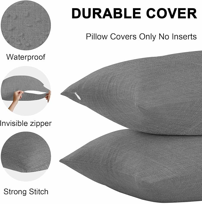 Vandarllin Outdoor Throw Pillows Covers 16x16 inch Set of 2 Waterproof Grey Linen Decorative Zippered Cushion Covers for Patio Furniture, Farmhouse Pure Color Lumbar Pillowcases