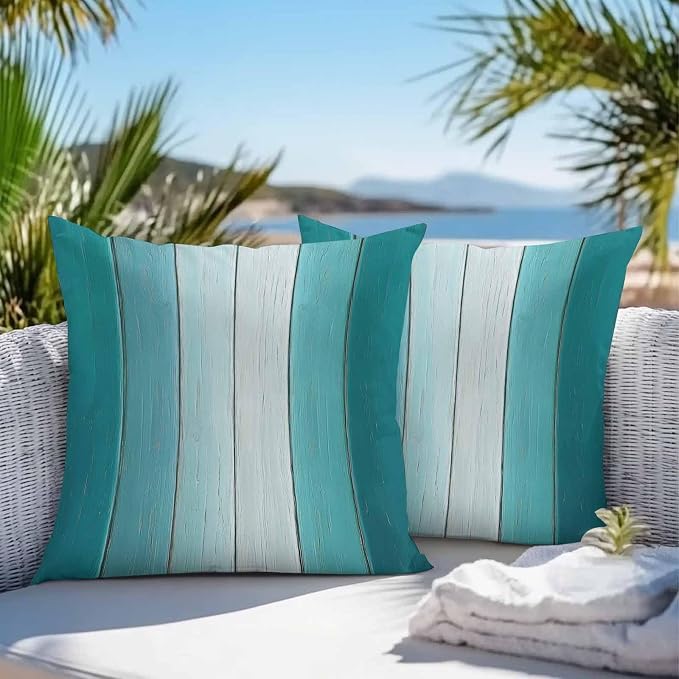 Throw Pillow Covers 26x26 Inch Set of 2, Aqua Ombre Waterproof Outdoor Cushion Covers, Vintage Country Wooden Decorative Pillowcases for Couch, Sofa, Bed, Garden, Patio
