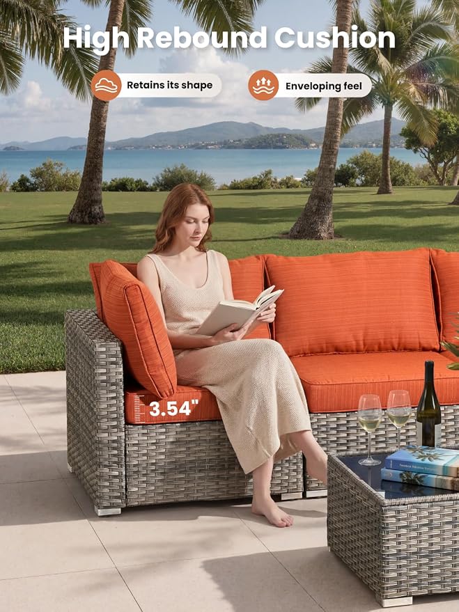ovios Outdoor 10 Piece Coversation Set with Swivel Rocking Chair,Sectional Patio Furniture Set with All-Weather Wicker Sofa,Modern Outside Couch for Balcony Backyard Pool, Orange